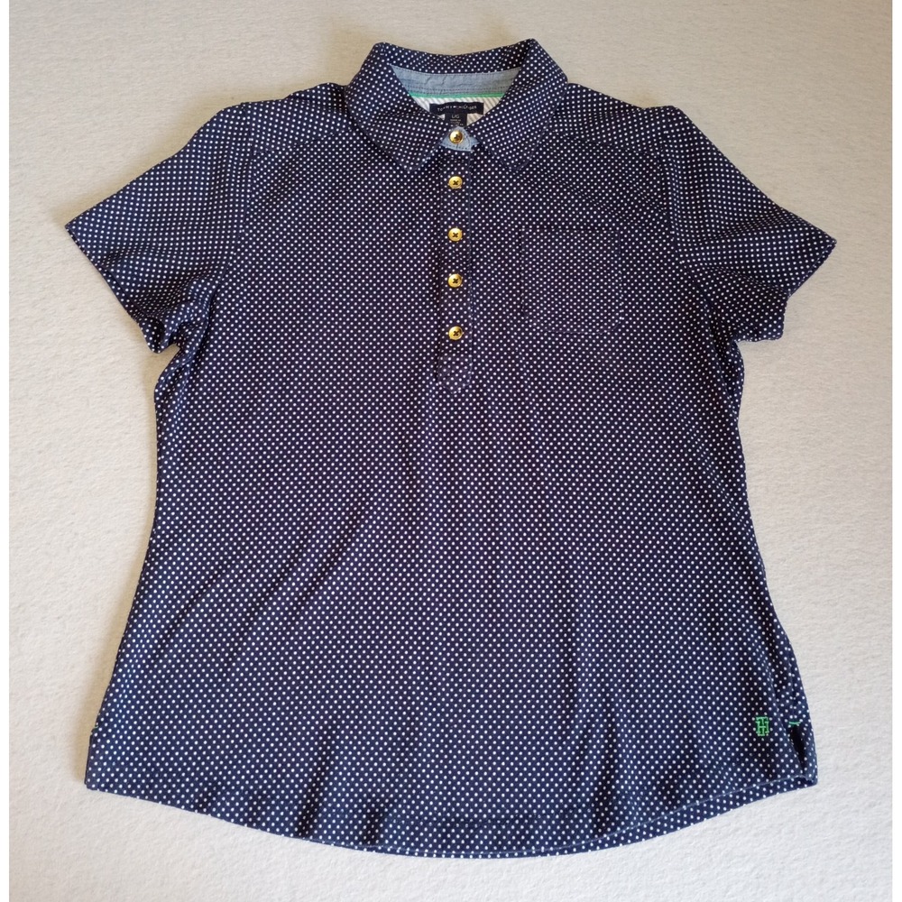 Tommy Hilfiger Polo Shirt Womens Large Polka Dot Pocket Top Short Sleeve